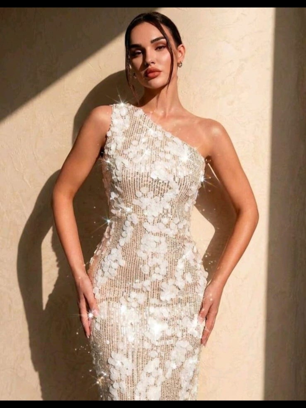 One-Shoulder White Sequin Floral Evening Dress
